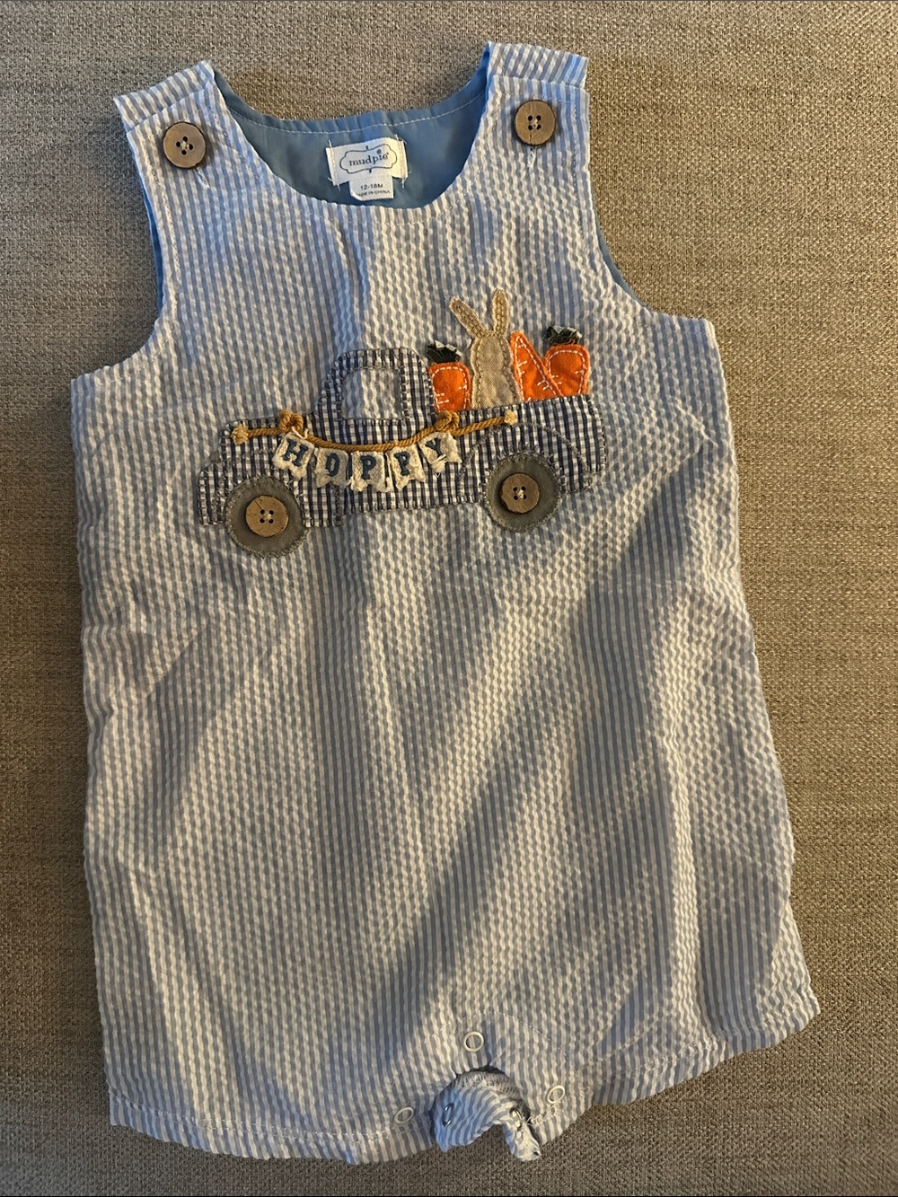 Mud Pie Light Blue and White Striped Baby Romper with Applique